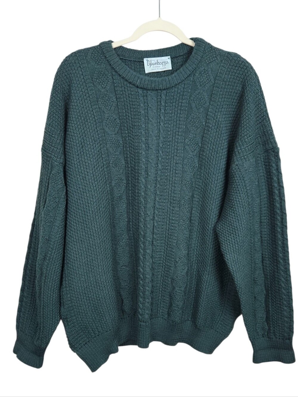Glenbarra Knitwear Vintage Green 100% Merino Wool Cable Knit Sweater Mens Size L